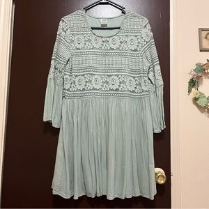 Cottagecore Boho Tunic Women’s Top Shirt Dress Lace Floral Gauzy Bell Sleeve EUC